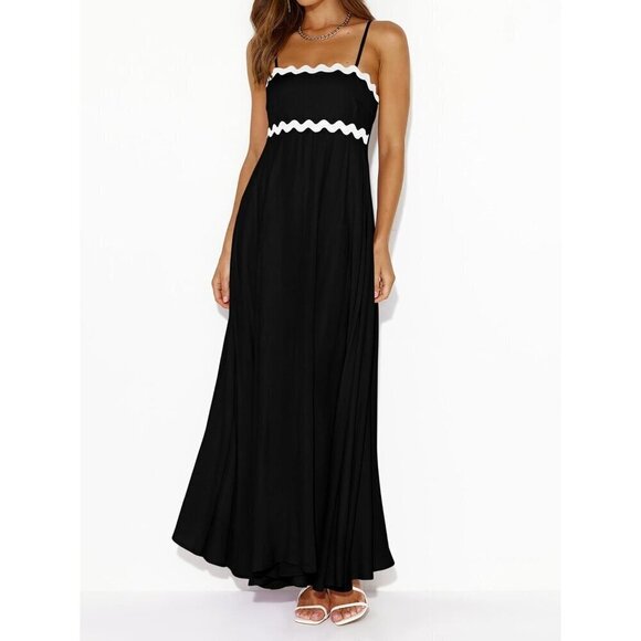 ✨Perttygarden Maxi Dresses Women Black Spaghetti Strap A Line Long Flowy Dress - Picture 2 of 6